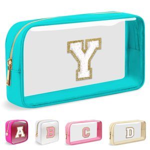 Small Clear Personalized Initial Makeup Bag, Preppy A-z Chenille Letter Patch💛